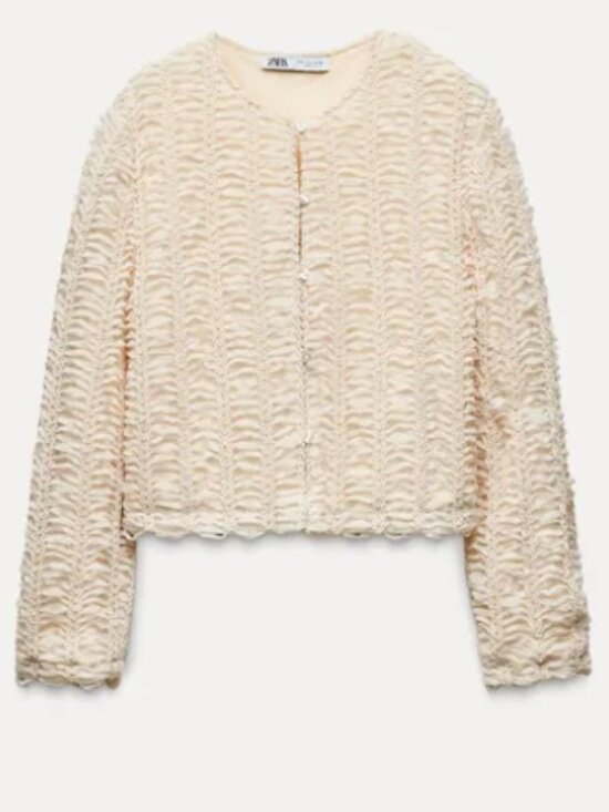 Zara Sweaters - Zara Structured Knit Cardigan Jacket - Ecru - Lace & Fabric with Buttons